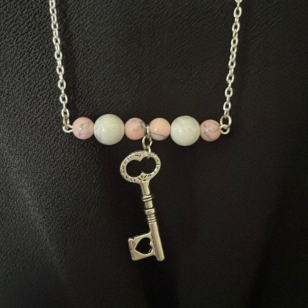 White howlite and Pink Gemstone key necklace
